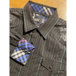 Y2K Micros Clothing Men's‎ Sz XL Black Western Pearl Snap Shirt Affliction Style